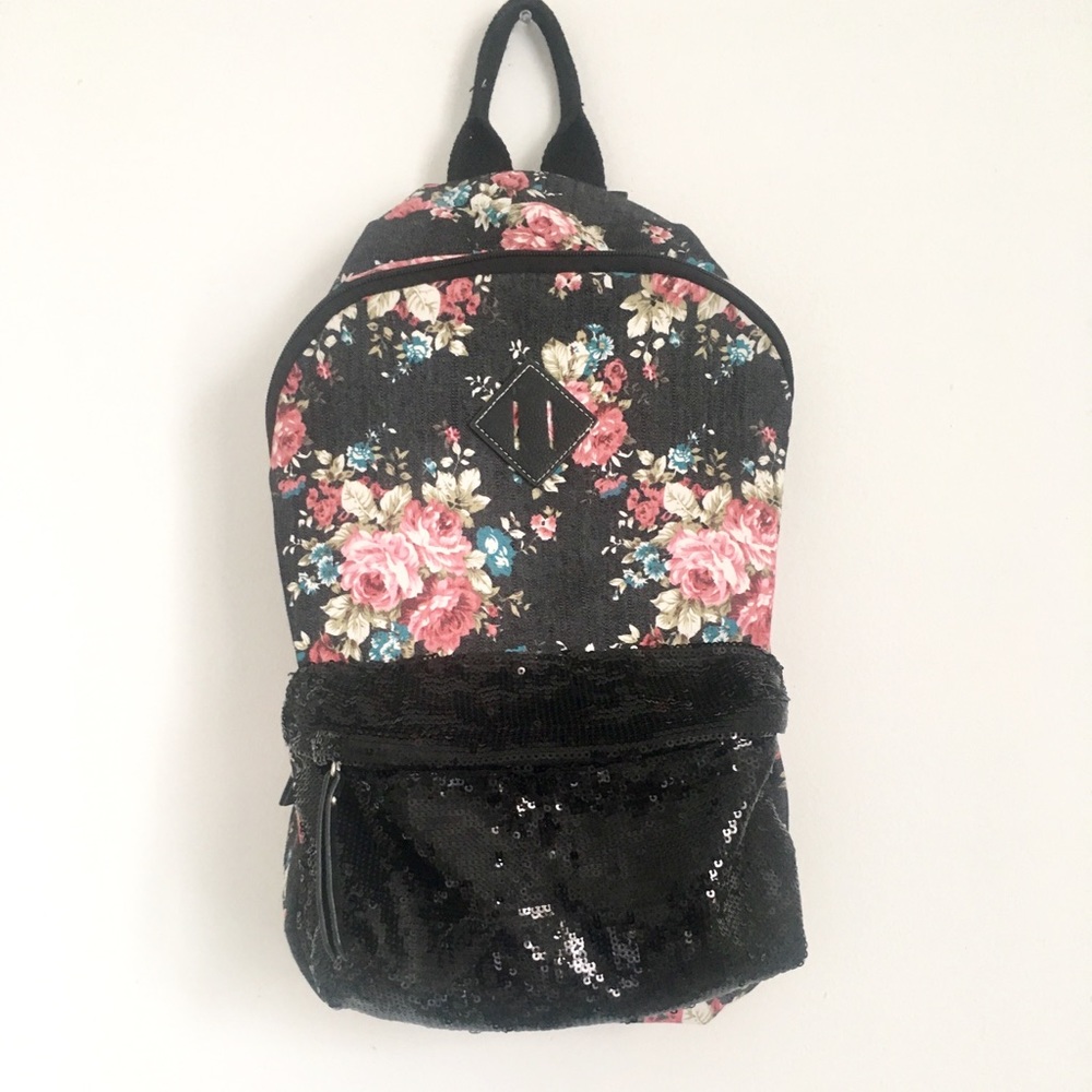 Floral & Black Sequin Small Backpack, Adjustable